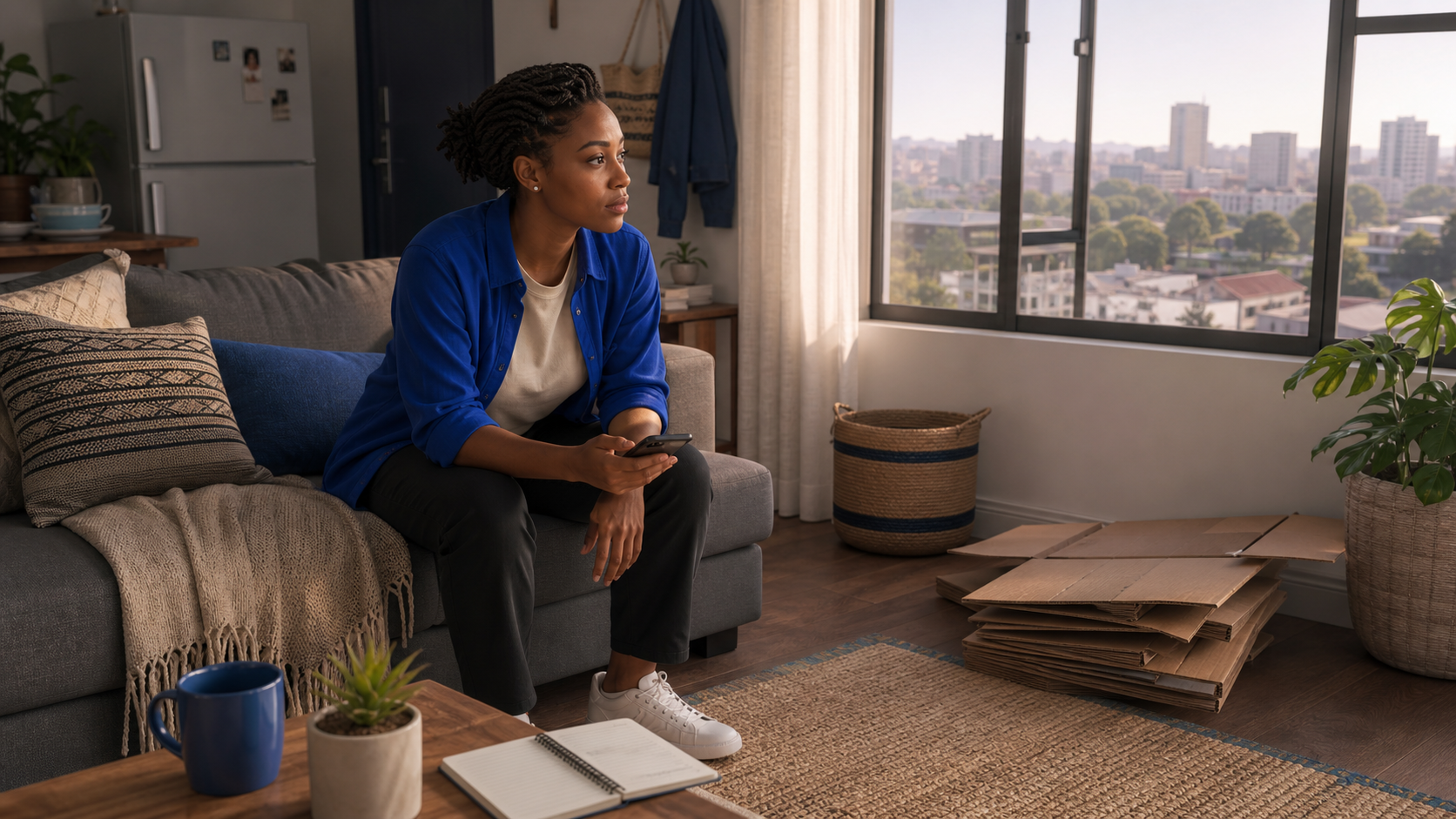 A tenant sitting in her current Nairobi apartment, calmly considering a move.