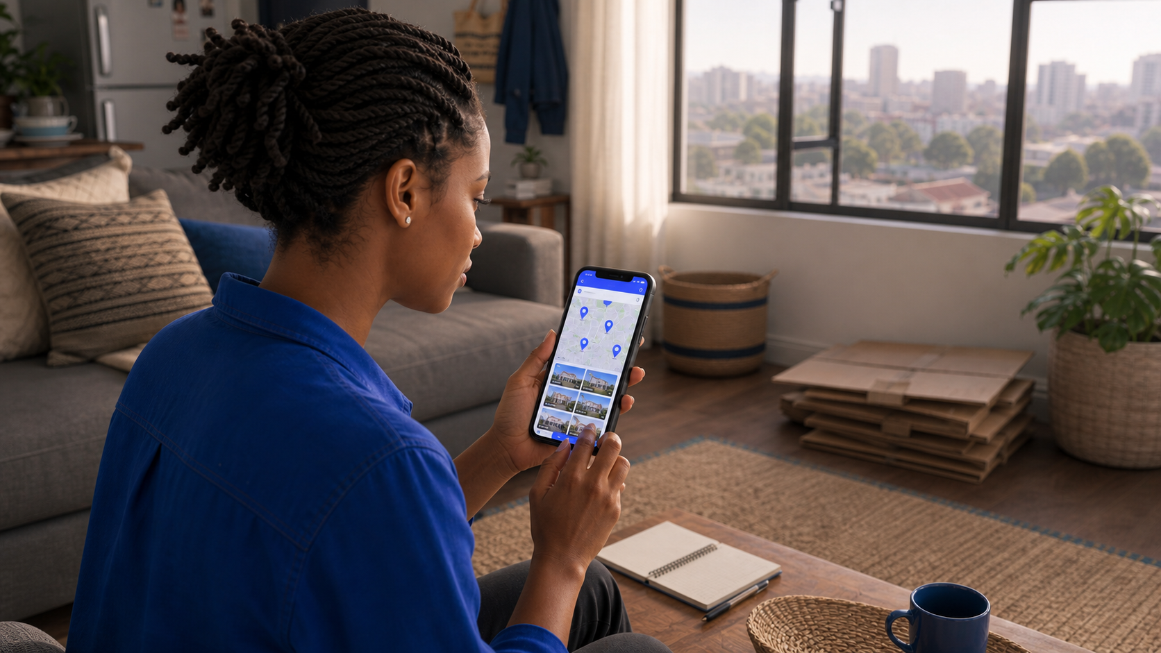The tenant using a phone map to search for available rental homes.
