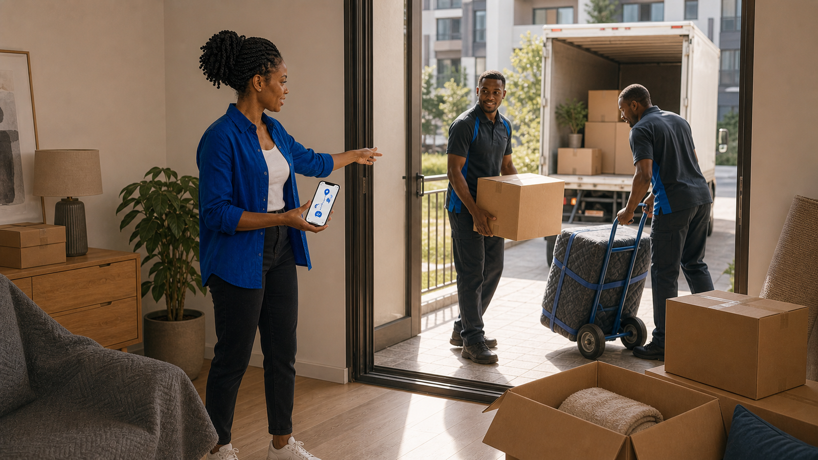 Movers unloading the tenant's belongings at her newly rented apartment.