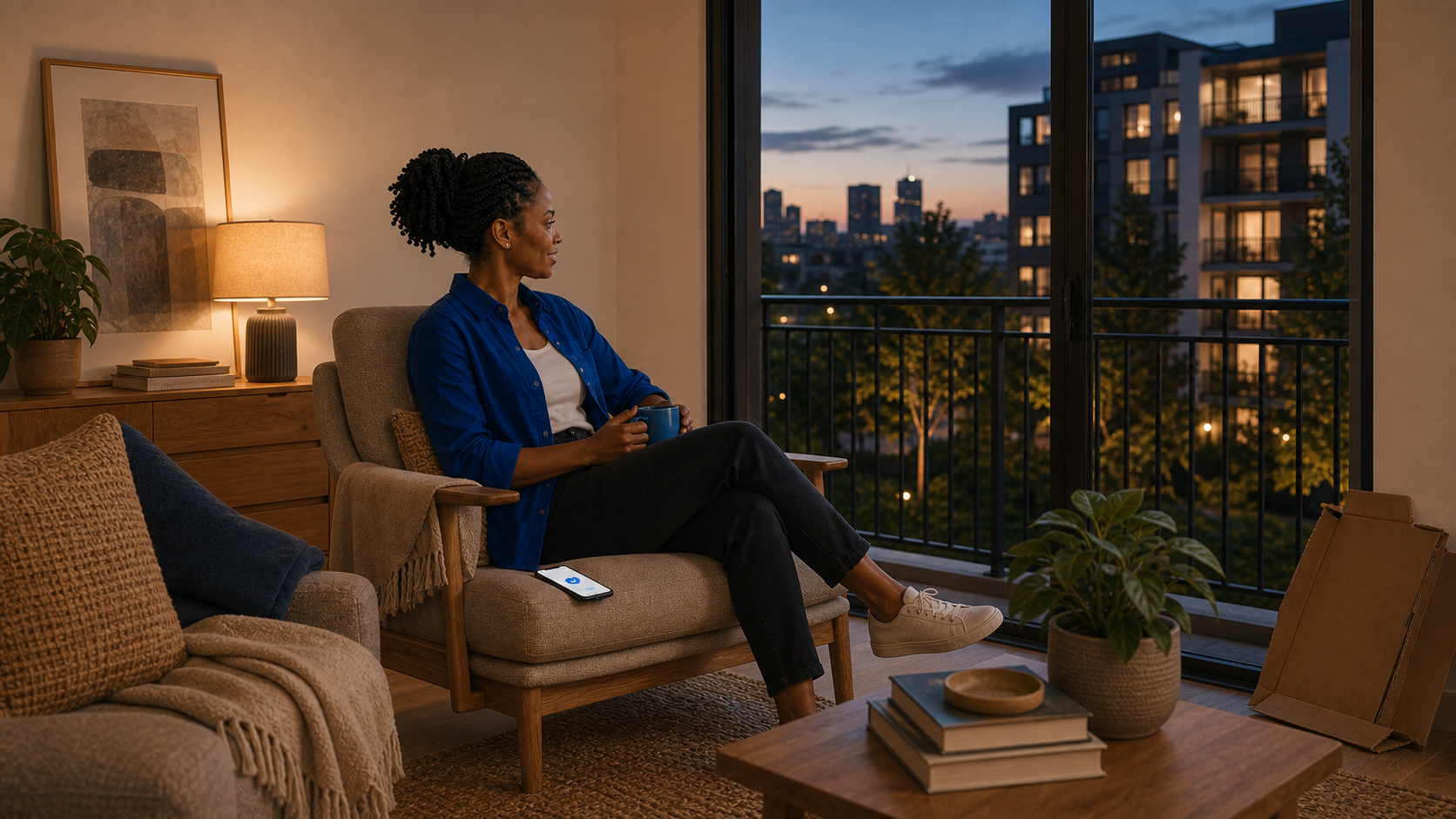 The tenant relaxed and settled in her warm new apartment after the move.